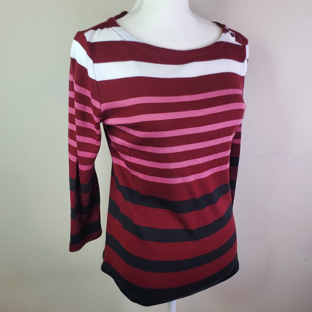 Charter Club Womens Cranberry Pima Cotton Stripe 3/4 Sleeve Top XS
